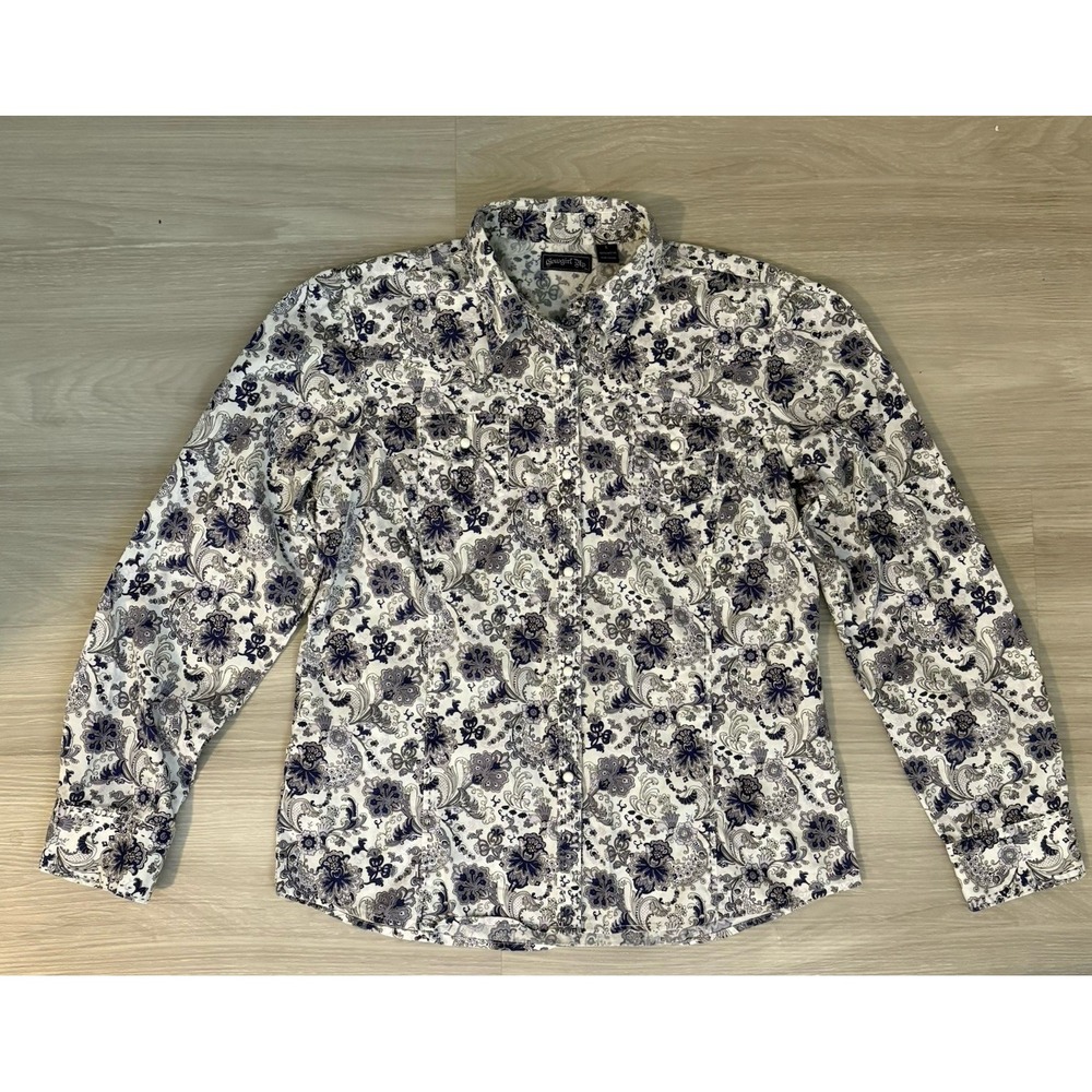 Cowgirl Up Womens Shirt Blue White Floral Paisley Western Pearl Snap Size Large